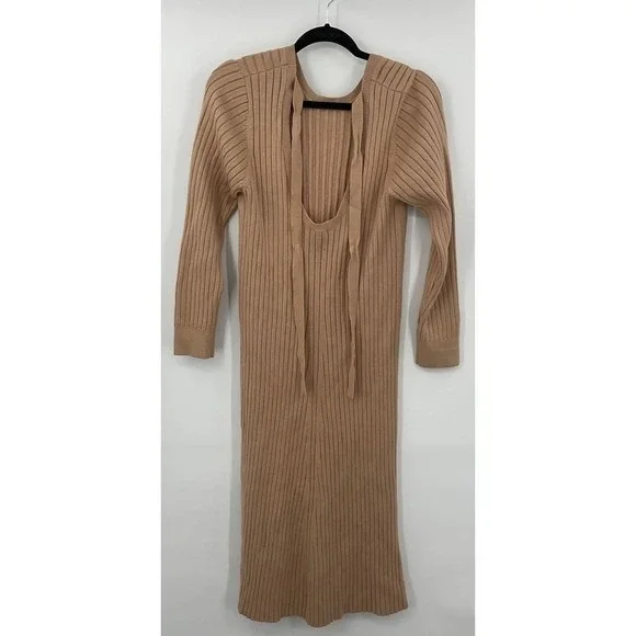 WAYF Ribbed Knit Midi Dress Long Sleeve‎ Tie Back Tan Size XL - Picture 4 of 8